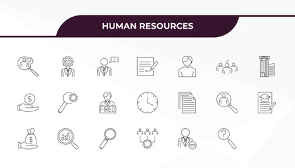 fully editable outline icon collection from human resources concept. thin line icons set such as hiring, emotional intelligence, timing, attrition, problems,
