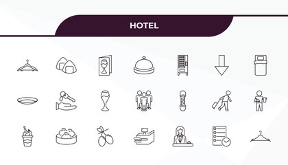 fully editable outline icon collection from hotel concept. thin line icons set such as hanger, onigiri, barbershop, agenda, checkroom,