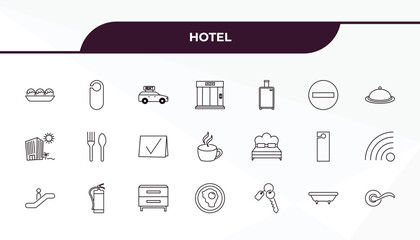 fully editable outline icon collection from hotel concept. thin line icons set such as takoyaki, doorknob, double bed, bathtub, doorknob,