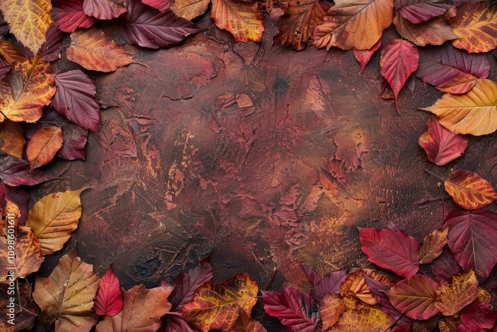 Poster a brown background with a frame of red leaves. the leaves are scattered around the frame and some ar