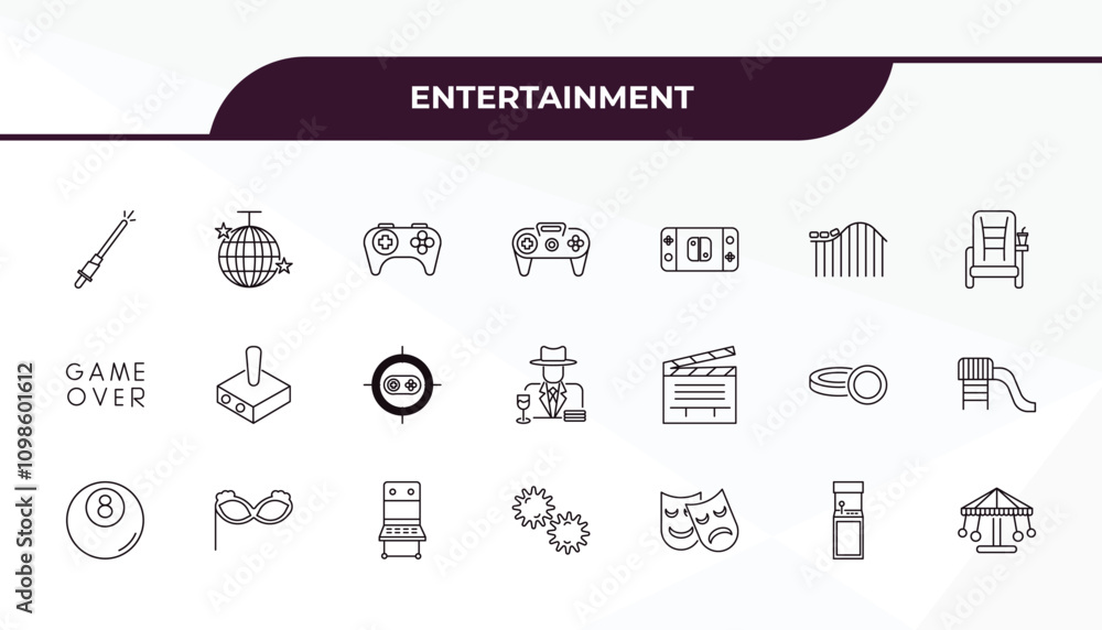 Poster fully editable outline icon collection from entertainment concept. thin line icons set such as light