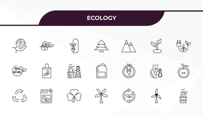fully editable outline icon collection from ecology concept. thin line icons set such as save the earth, olives on a branch, eco energy, wind energy, geothermal energy,