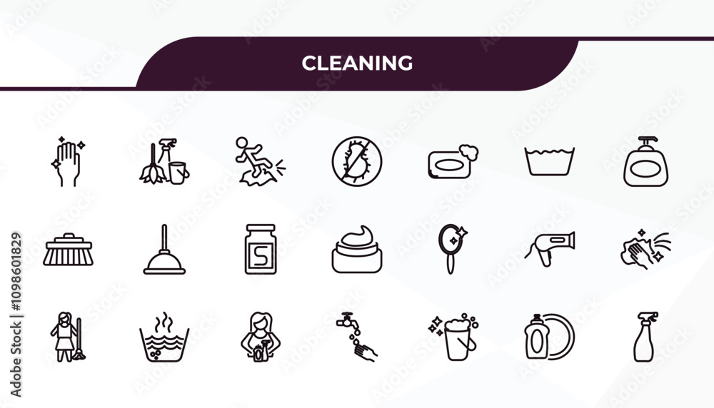 Poster fully editable outline icon collection from cleaning concept. thin line icons set such as hands clea