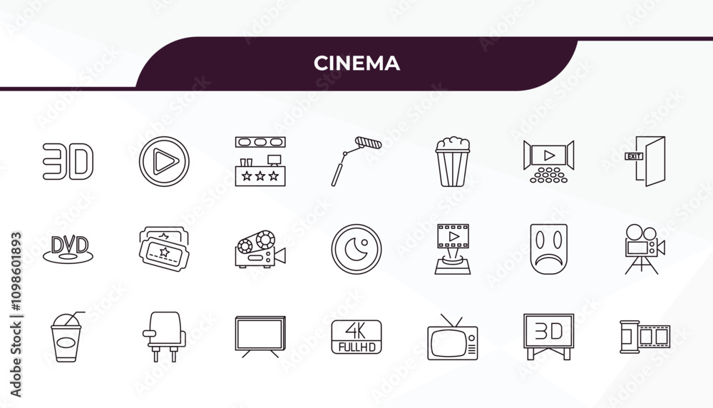 Poster fully editable outline icon collection from cinema concept. thin line icons set such as 3d text, 3d 