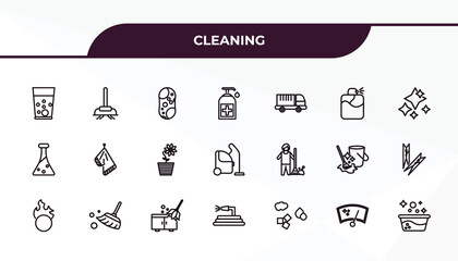 fully editable outline icon collection from cleaning concept. thin line icons set such as emulsion, vacuum cleanin, sweeping, wiper, water soak,