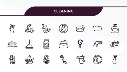 fully editable outline icon collection from cleaning concept. thin line icons set such as hands cleanin, cleaning tools, mirror cleanin, dish soap, cleaning spray,