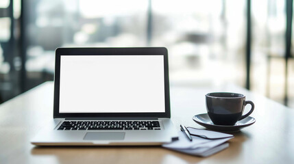 Leerer Laptop auf einem Schreibtisch mit Notizen und Kaffeetasse

