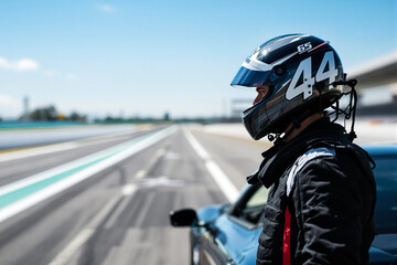 A race car driver stands beside their vehicle, readying for a delivery at an isolated track under clear skies