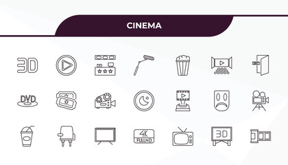 fully editable outline icon collection from cinema concept. thin line icons set such as 3d text, 3d video, film award, 3 dimension screen, film negatives,