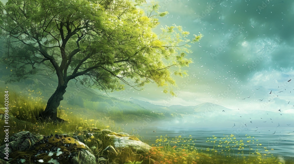 Poster a tree is in the foreground of a field with a body of water in the background. the sky is cloudy and