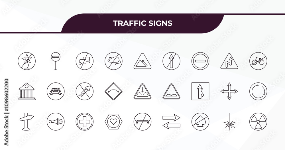 Poster fully editable outline icon collection from traffic signs concept. thin line icons set such as no pi