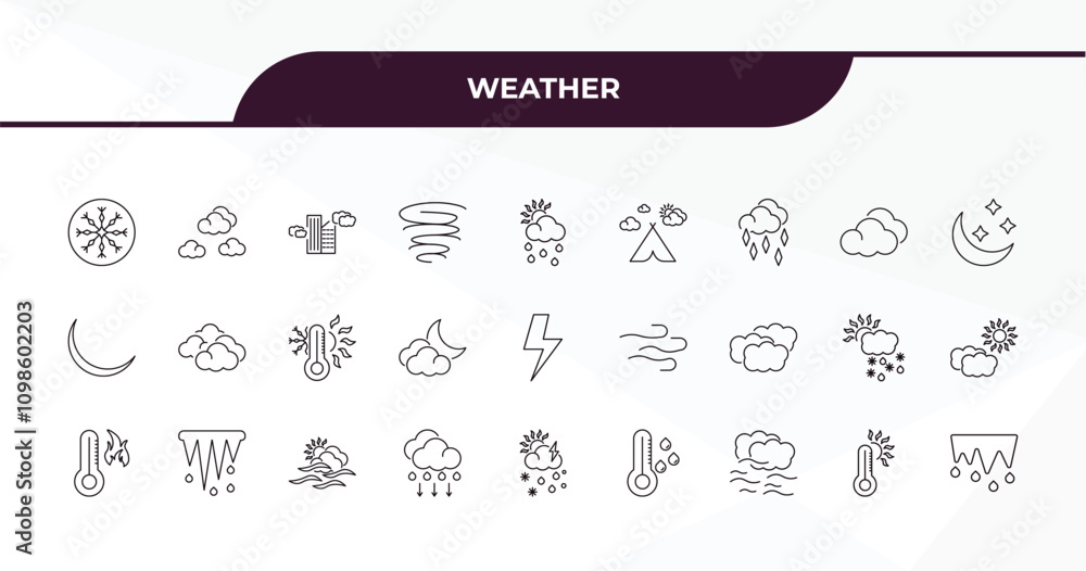 Poster fully editable outline icon collection from weather concept. thin line icons set such as icy, clouds
