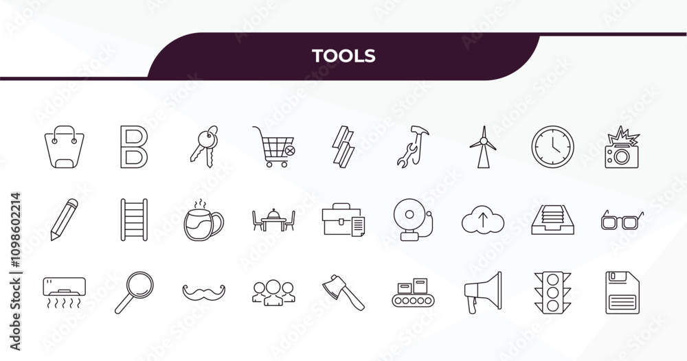 Poster fully editable outline icon collection from tools concept. thin line icons set such as bag with big 