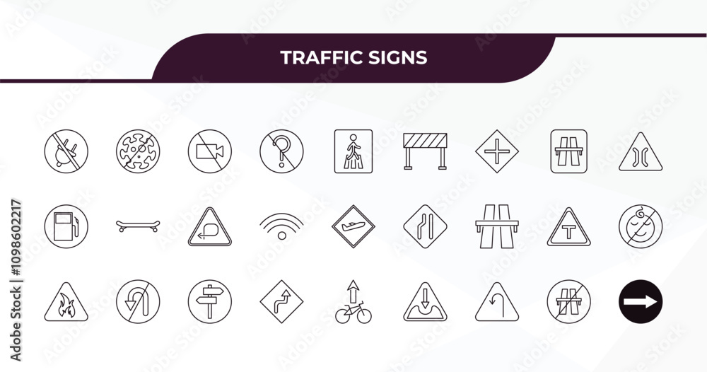 Poster fully editable outline icon collection from traffic signs concept. thin line icons set such as no pl