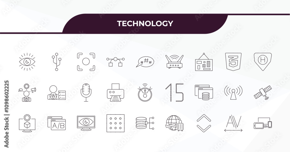 Poster fully editable outline icon collection from technology concept. thin line icons set such as impressi