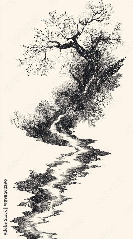 Poster a tree is shown in the middle of a river. the tree is surrounded by water and has a trunk that is ve