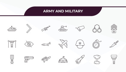 fully editable outline icon collection from army and military concept. thin line icons set such as army boat, chevron, military helmet, bomb detonation, revolt,