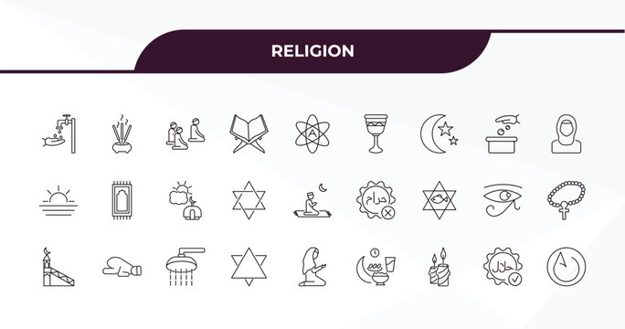 fully editable outline icon collection from religion concept. thin line icons set such as islamic wudu, incense burner, sadaqah charity, halal, asceticism,