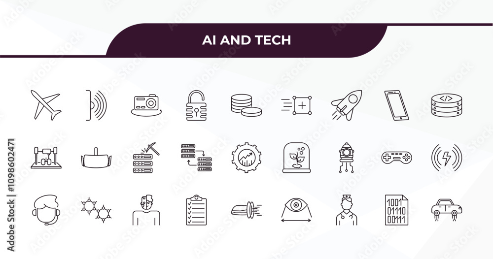 Poster fully editable outline icon collection from ai and tech concept. thin line icons set such as aeropla