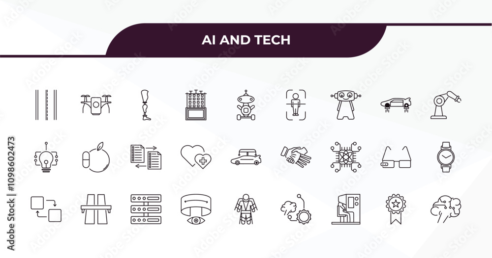 Poster fully editable outline icon collection from ai and tech concept. thin line icons set such as road, u