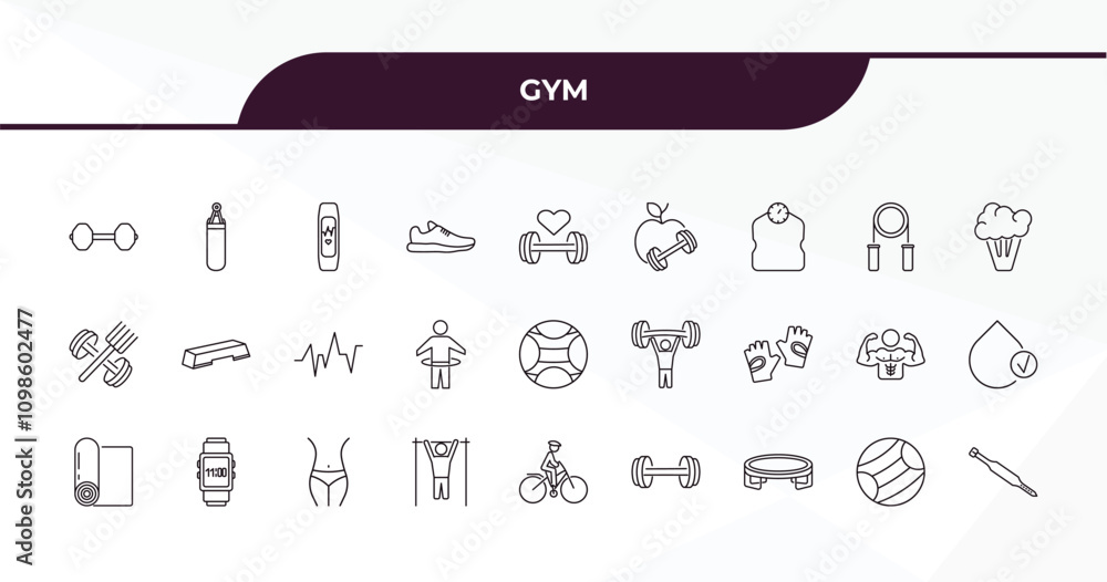 Poster fully editable outline icon collection from gym concept. thin line icons set such as little dumbbell