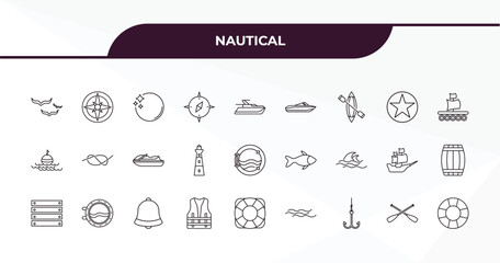 fully editable outline icon collection from nautical concept. thin line icons set such as fish, message in a bottle, big bell, nautical monocular, lifesaver,