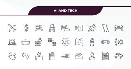 fully editable outline icon collection from ai and tech concept. thin line icons set such as aeroplane, infrared, mobile flexible display, binary, hover transport,