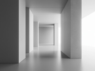 Leerer, moderner Ausstellungsraum mit wei&szlig;en W&auml;nden und Boden

