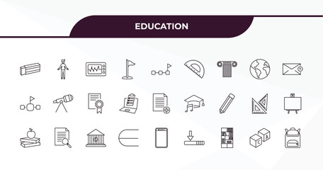 fully editable outline icon collection from education concept. thin line icons set such as eraser, open arms, world map, creche, school bag,