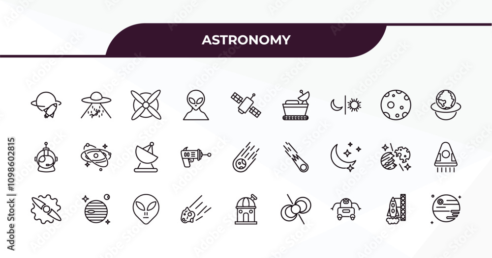 Poster fully editable outline icon collection from astronomy concept. thin line icons set such as space tra