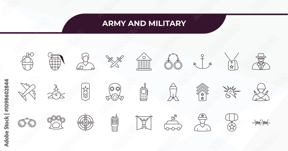 Poster fully editable outline icon collection from army and military concept. thin line icons set such as g