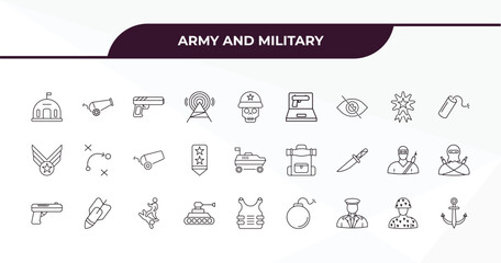 fully editable outline icon collection from army and military concept. thin line icons set such as bunker, artillery, medal, conscription, naval,