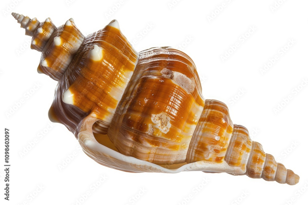 Poster a close-up view of a sea shell on a white background, perfect for use in design projects or as a dec
