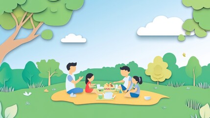 Naklejka premium A serene illustration of a family enjoying a picnic in a green park, symbolizing sustainable living and outdoor activities, with a bright blue sky
