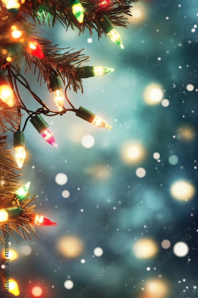 Poster close-up of a christmas tree branch adorned with colorful lights, set against a dreamy bokeh backgro