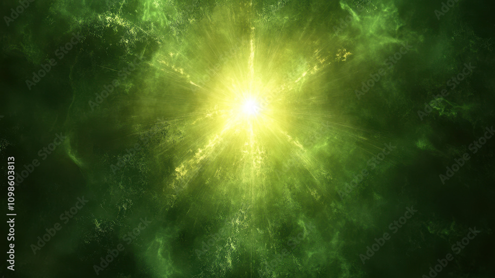 Poster radiant green starburst illuminating the cosmos with a vibrant display of color