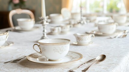 Fototapeta premium Exquisite Old Money Elegance: Fine Dining Table with Vintage China & Silverware for Formal Dinner | Sophisticated Lifestyle Photography