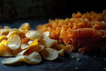 A close-up shot of a pile of potato chips on a table, perfect for food or snack related content