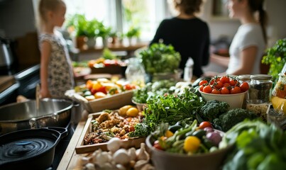 Obraz premium Abundant fresh produce, kitchen, preparing meal.