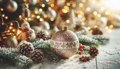 Gold Christmas Ornament - Decorated Christmas Bauble Background with Space for Copy - Christmas Ornament with Christmas Tree - Holiday Diffused Bokeh Wallpaper - Snow, Mistletoe and Presents