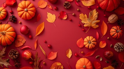 Colorful autumn arrangement with pumpkins, leaves, and berries on a red background, perfect for seasonal and festive themes.
