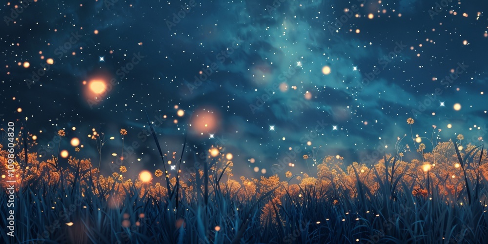 Poster a field of grass with a sky background. the grass is lit up with a glow. there are many lights in th