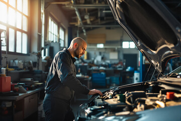 A mechanic inspects the engine components of a vehicle in a spacious garage filled with tools and equipment