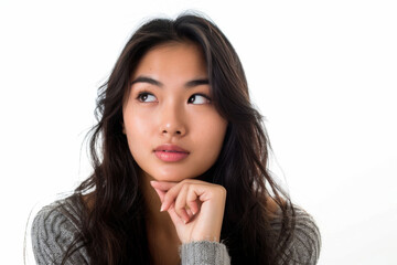 Beautiful young Asian woman, lady, girl thinking, isolated on white background. casual happiness charm female woman, relax peaceful positive thinking.