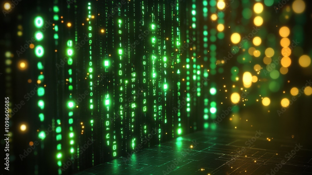 Poster Glowing Green Matrix of Data Streams Illuminating a Virtual Cyberspace Environment