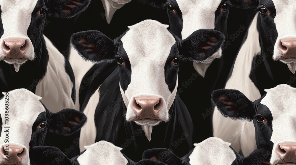 Poster a detailed image showcasing the faces of multiple black and white cows, highlighting their unique fe