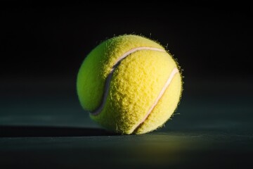 A bright yellow tennis ball sits on a dark black surface