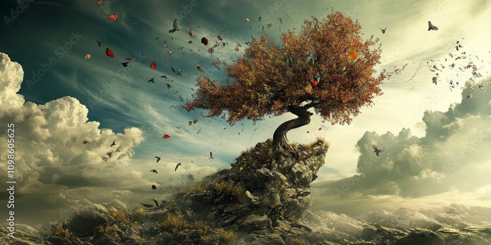 Poster a tree is on a rock with leaves falling from it. there are many birds flying around the tree