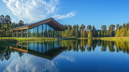 Obraz premium Modern Architectural Marvel Reflects in Tranquil Lake Surrounded by Lush Greenery