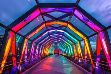 A vibrant and lively walkway lit up by colorful lights, perfect for nighttime events or celebrations